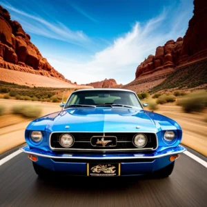 Blue Mustang on the road